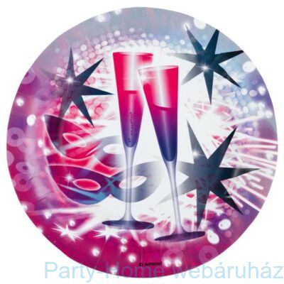 Happy New Year Álarcos - Pezsgős Poharas Party Tányér - 23 cm, 8 db-os