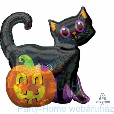 Black Cat &amp; Pumpkin Holografikus Super Shape Fólia Lufi Halloween-ra