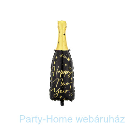 38 inch-es Happy New Year Feliratú Fekete-Arany Pezsgősüveg Super Shape Fólia Lufi
