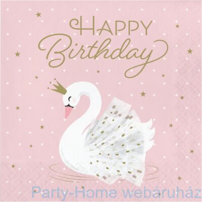 Stylish Swan Party - Rose &amp; Gold Hattyú Happy Birthday Parti Szalvéta - 33 cm x 33 cm, 16 db-os