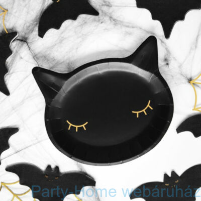 Fekete Cicafej Formájú Parti Tányér Halloween-re - 22 cm, 6 db-os